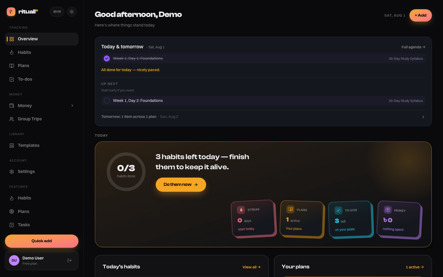Overview dashboard showing a Today and tomorrow card with Day 1 completed, Day 2 up next, and a note that tomorrow has 1 item across 1 plan